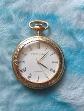 Perry Ellis Gold-Tone Pocket Watch with White Roman Dial